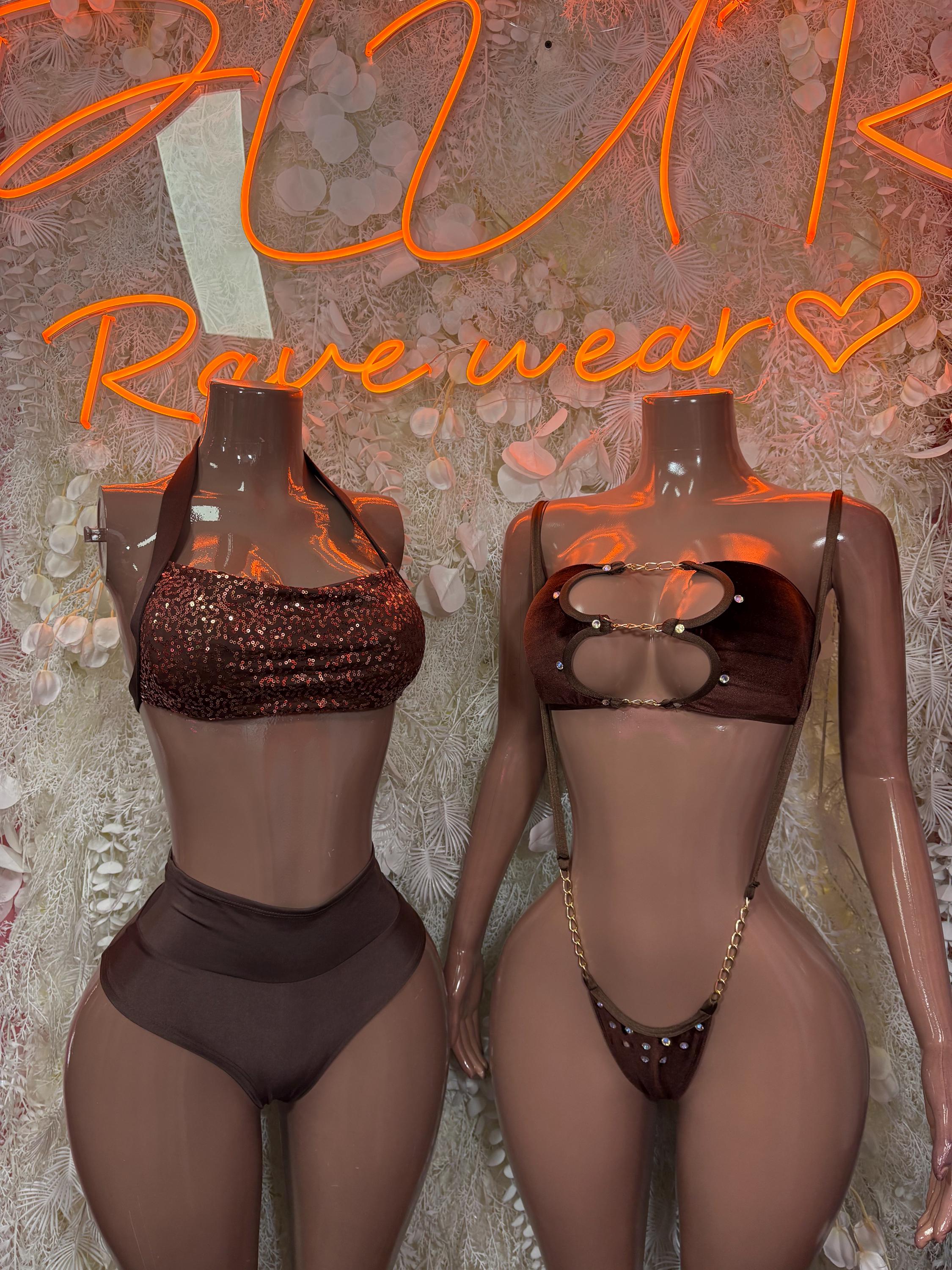 Brown sequin rave bra top and high-waist sheer underwear set, two mannequins side view