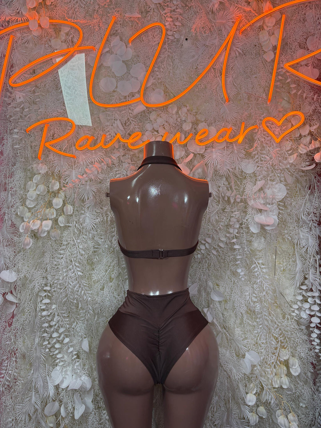 Brown strappy rave bralette and high-waist sheer underwear set on mannequin, back view