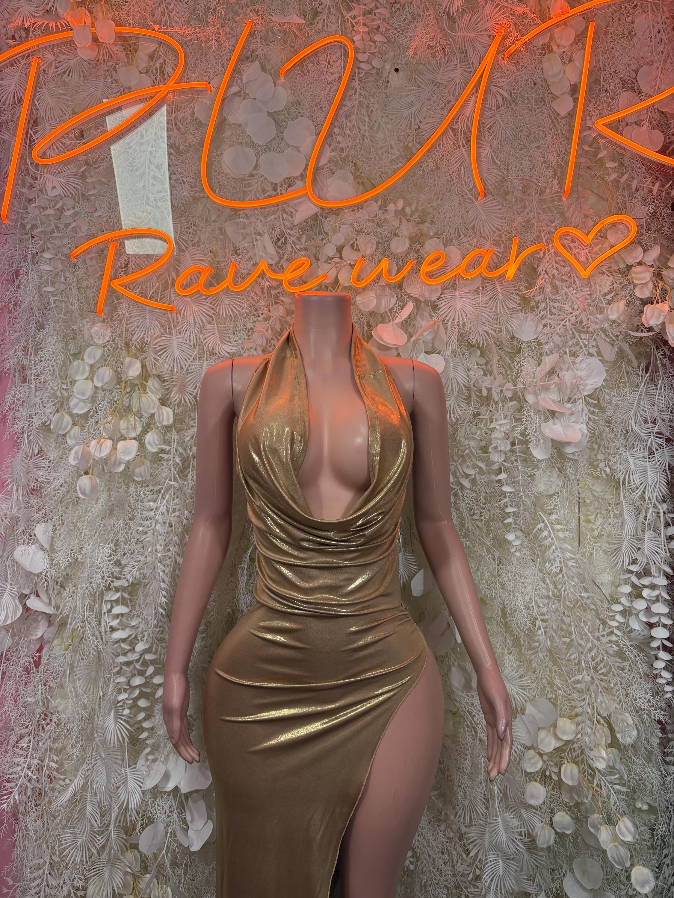 Gold satin cowl-neck bodycon gown with draped waist and high slit