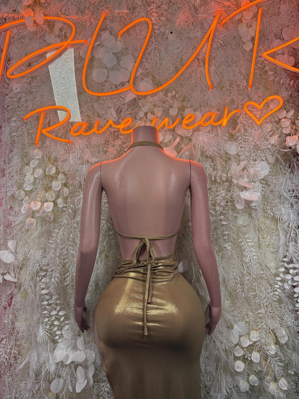 Gold metallic backless bodycon dress with thin tie straps and open back
