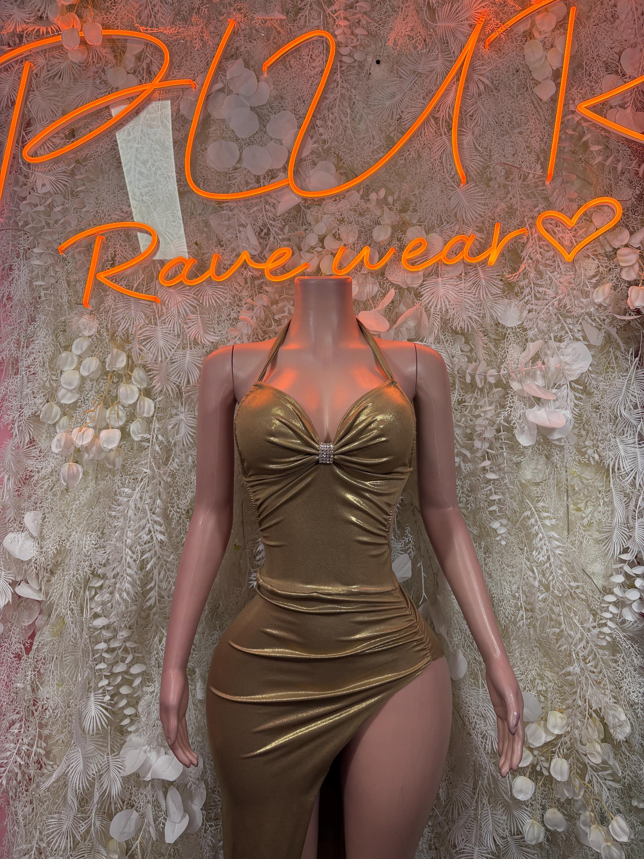 Gold satin ruched bodycon dress with sweetheart neckline and front twist detail
