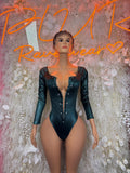 Dark green satin dance bodysuit with long sleeves and deep V button-front neckline