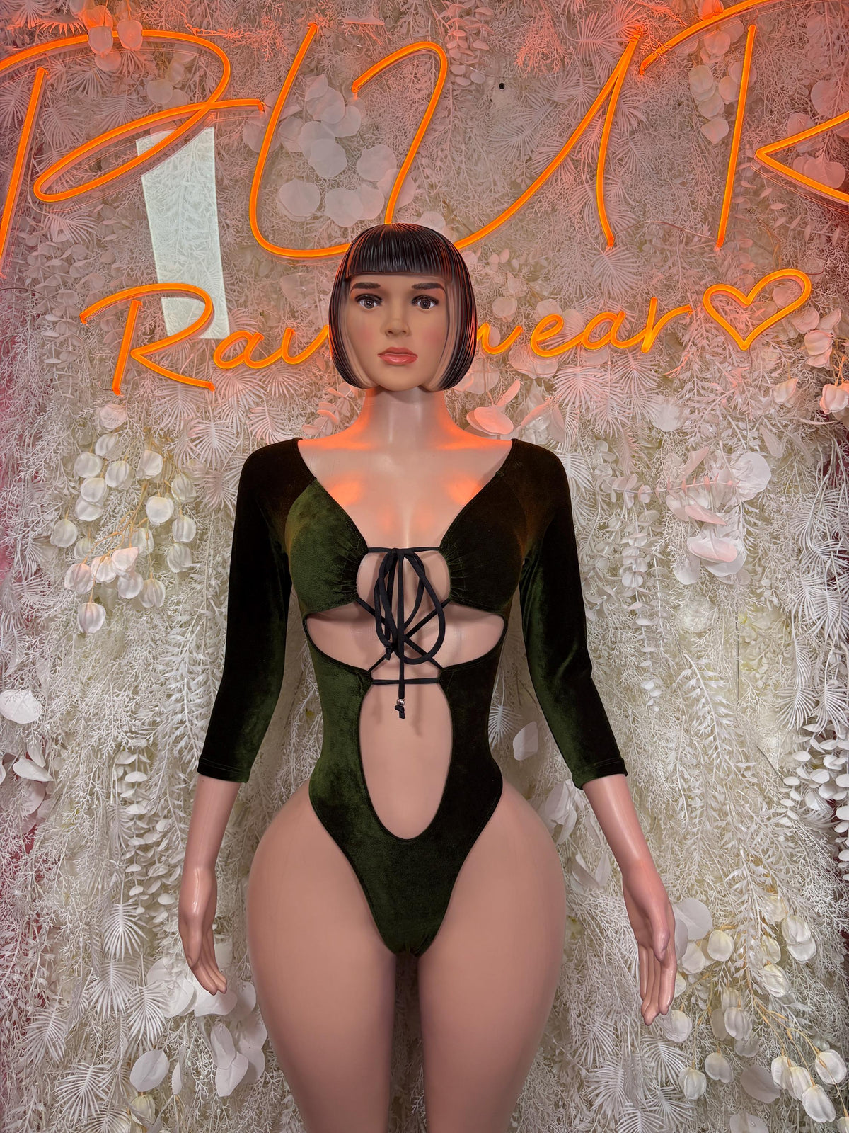 Green Velvet Bottle Girl Bodysuit - Sexy Clubwear, Rave Festival Outfit, Dancewear, Bartender Costume