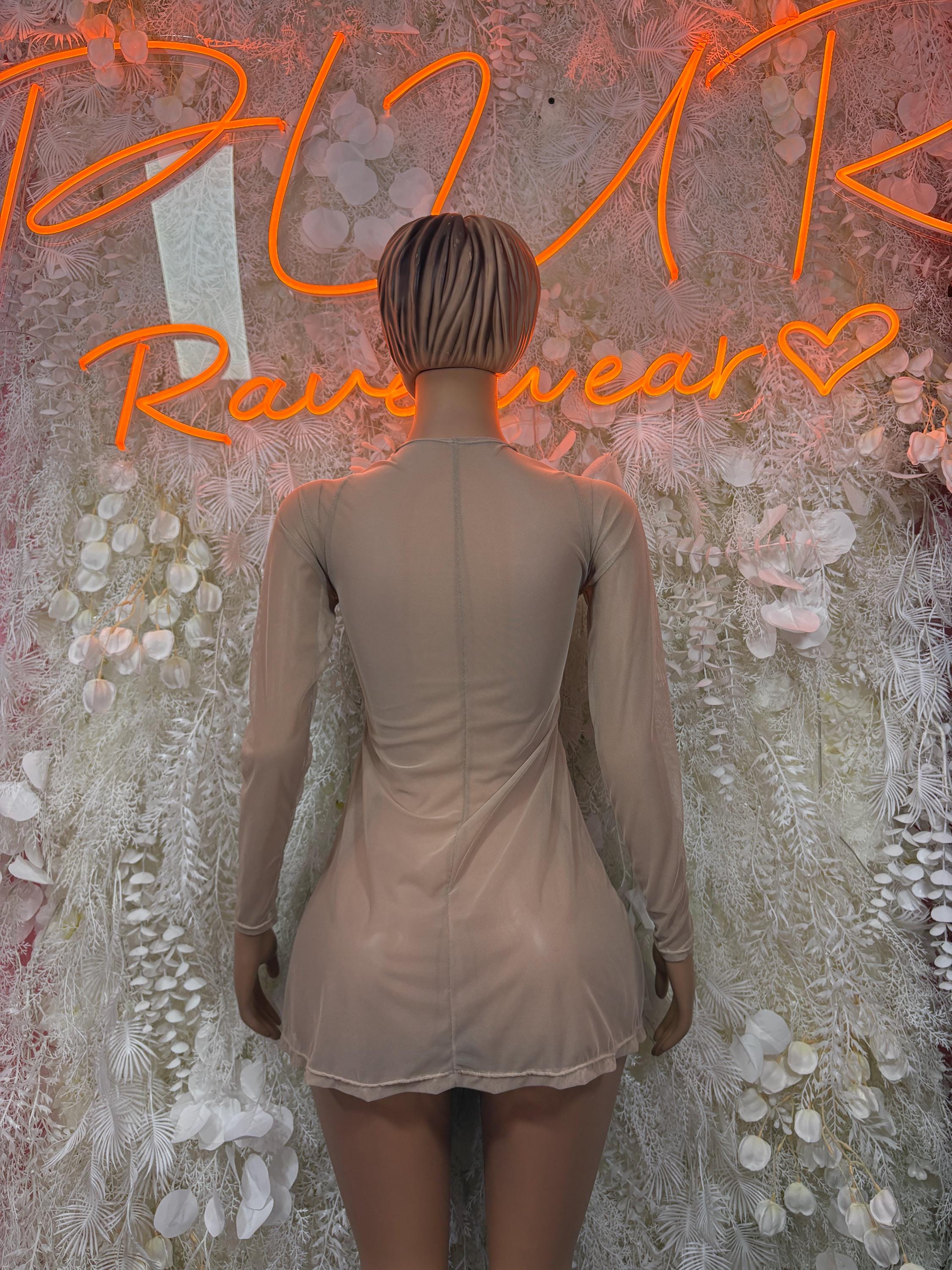 Nude mesh gown viewed from back, long sleeves and low scoop back