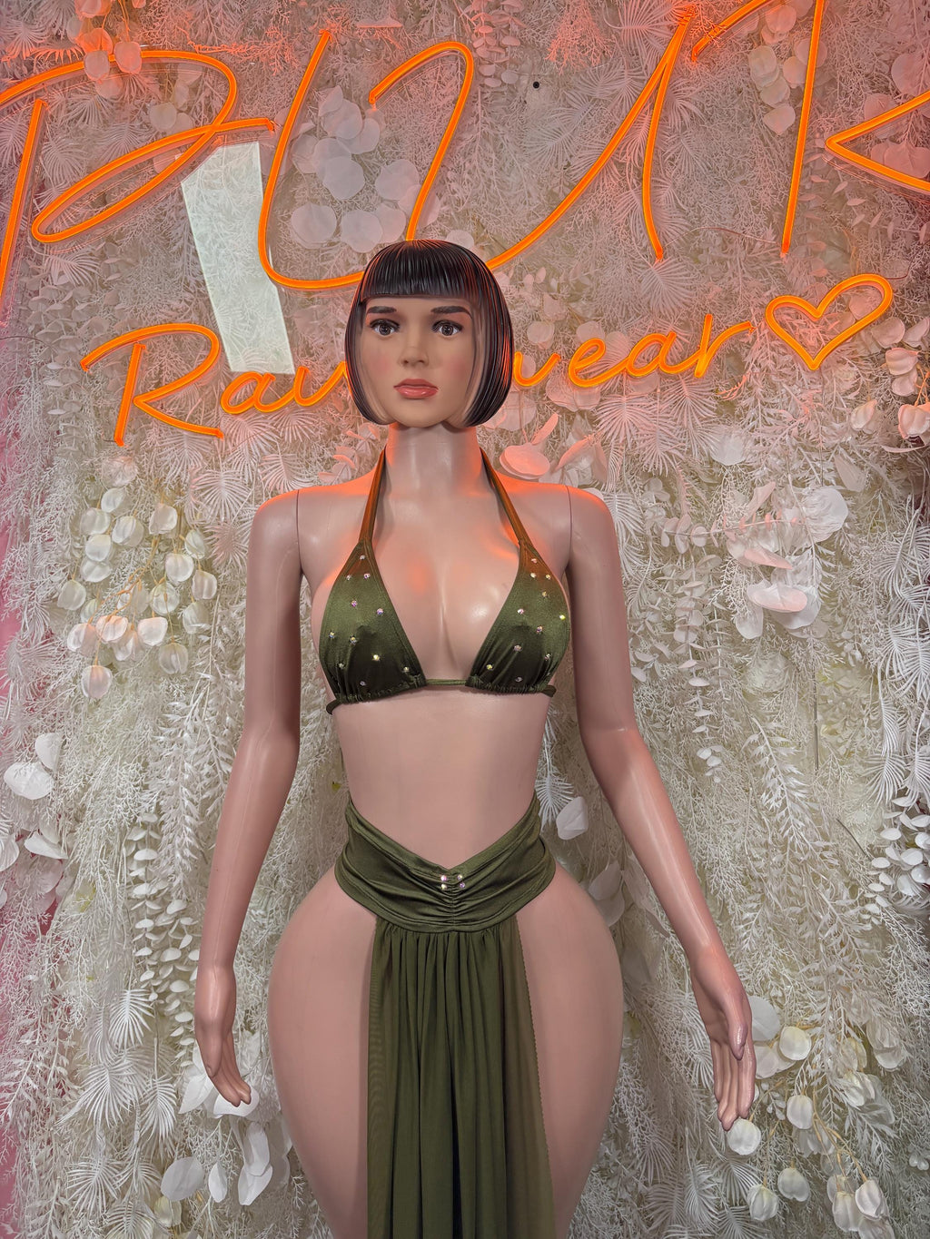 Olive green triangle bra and ruched draped skirt two-piece dancewear outfit