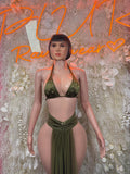 Olive green triangle bra and ruched draped skirt two-piece dancewear outfit