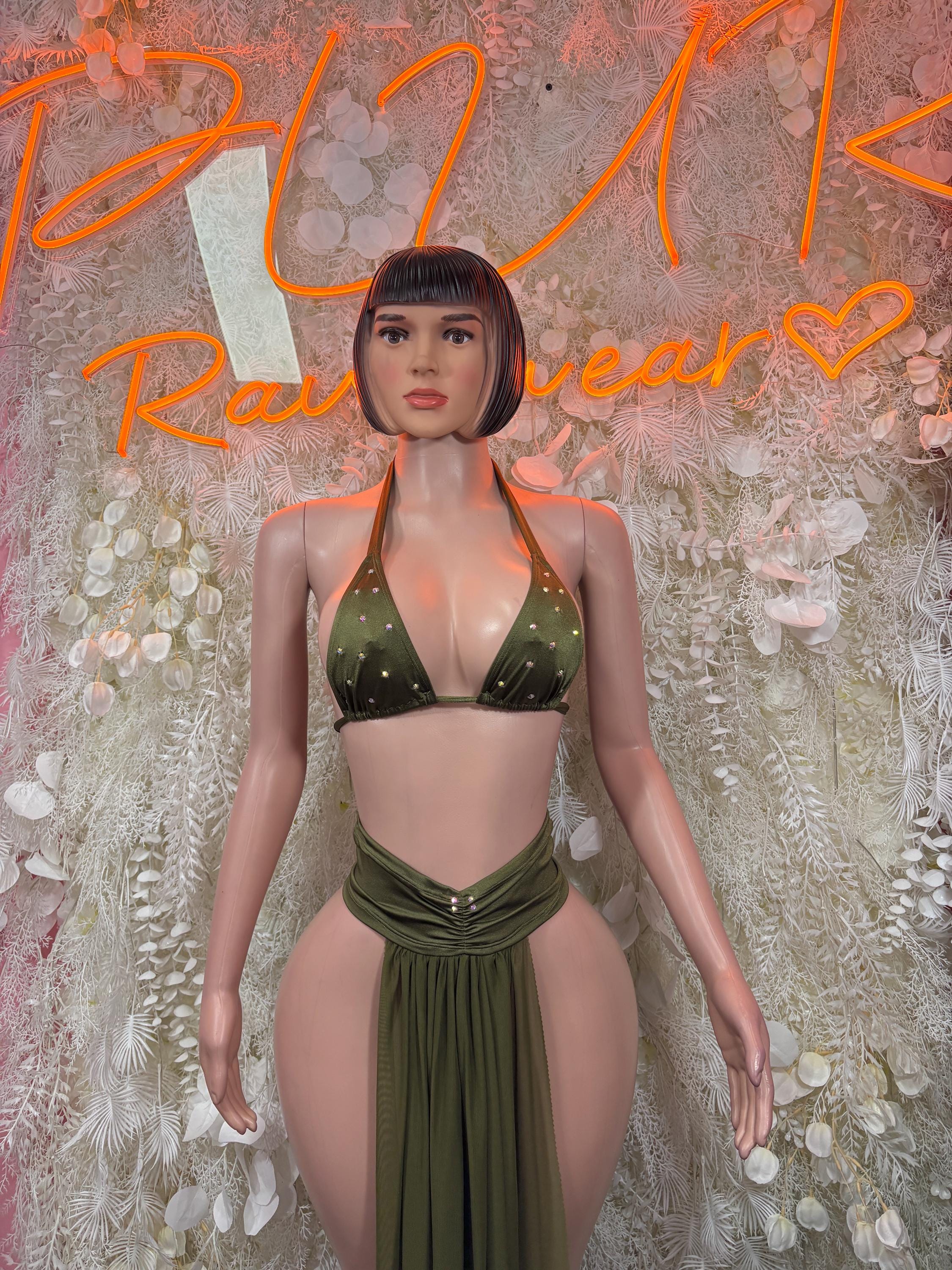 Olive green triangle bra and ruched draped skirt two-piece dancewear outfit