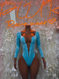 Sky blue velvet bodysuit with deep V front, long sleeves, fitted one-piece