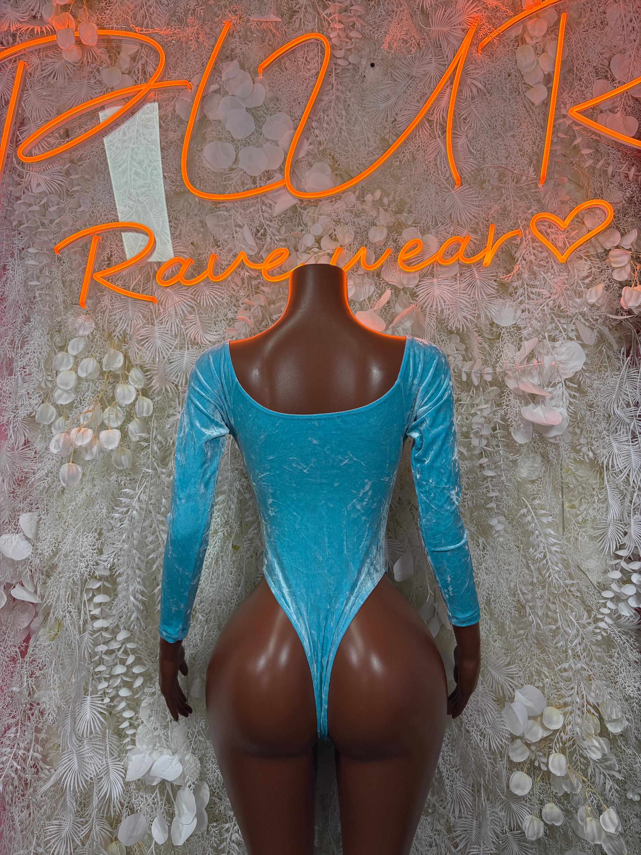 Sky blue velvet bodysuit with scoop neckline and long sleeves, fitted one-piece