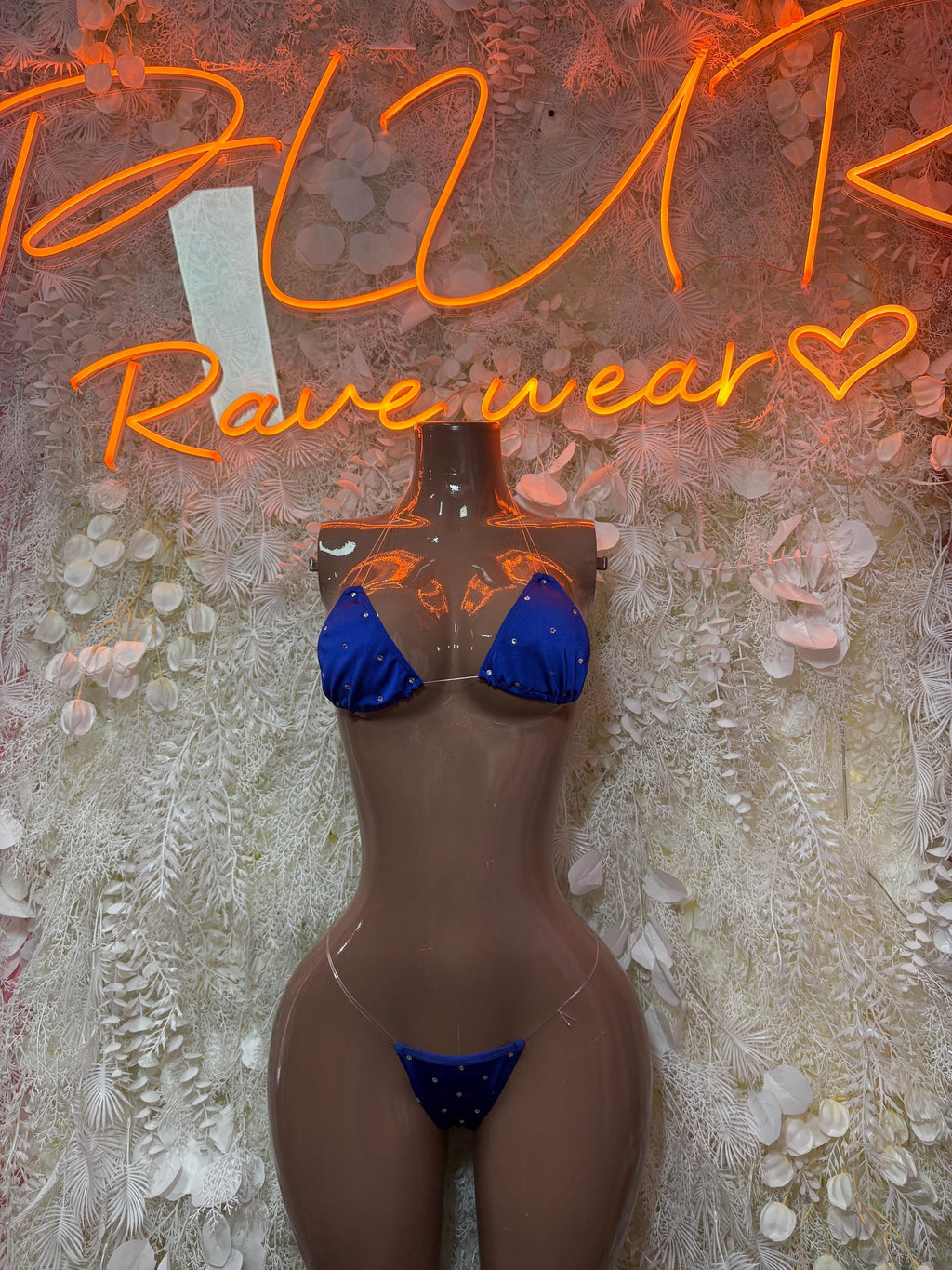 Royal blue two-piece dancewear set with triangle top and g-string thong
