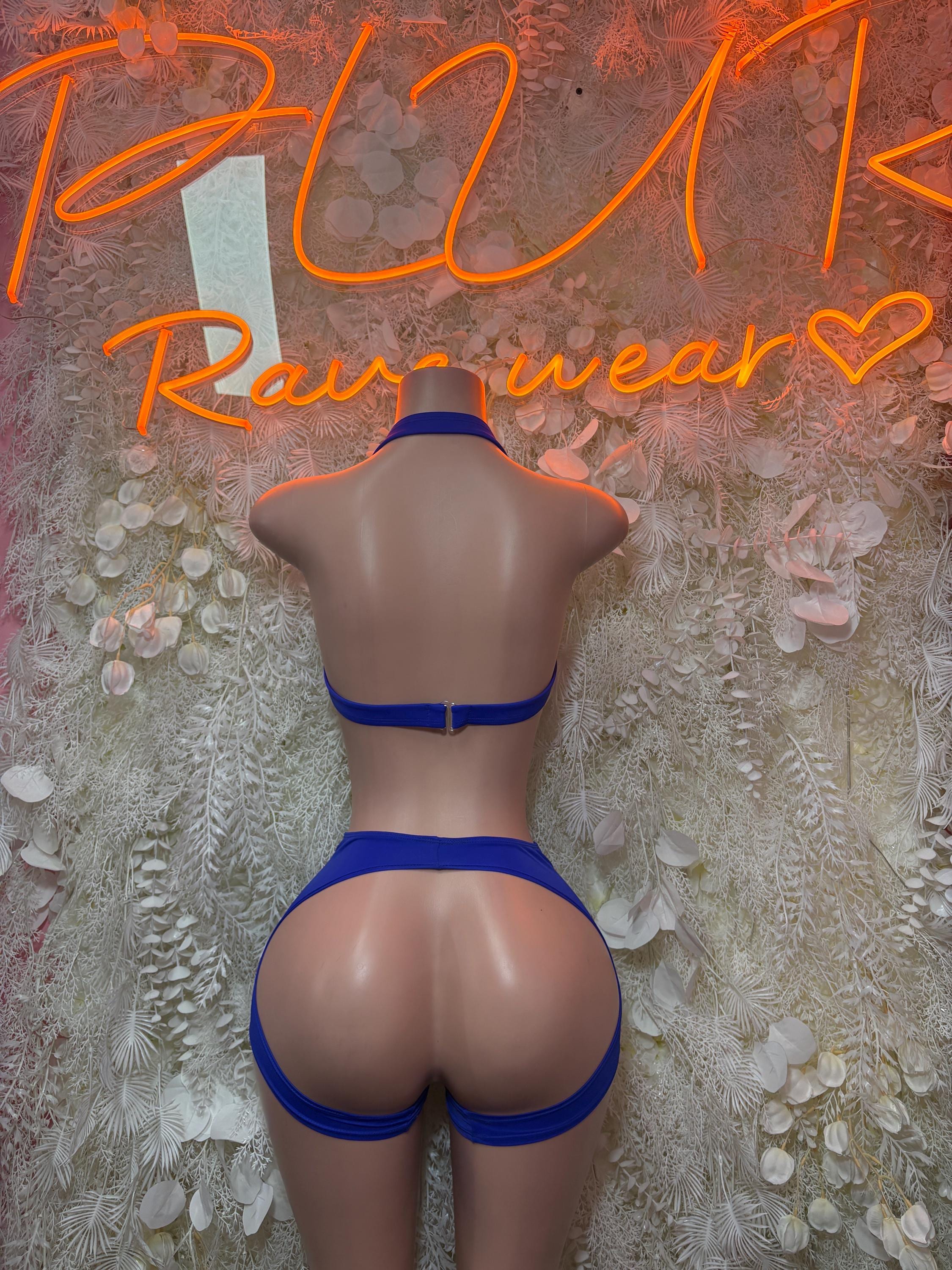 Royal blue two-piece dancewear set with halter bra back and high-cut shorts, rear view