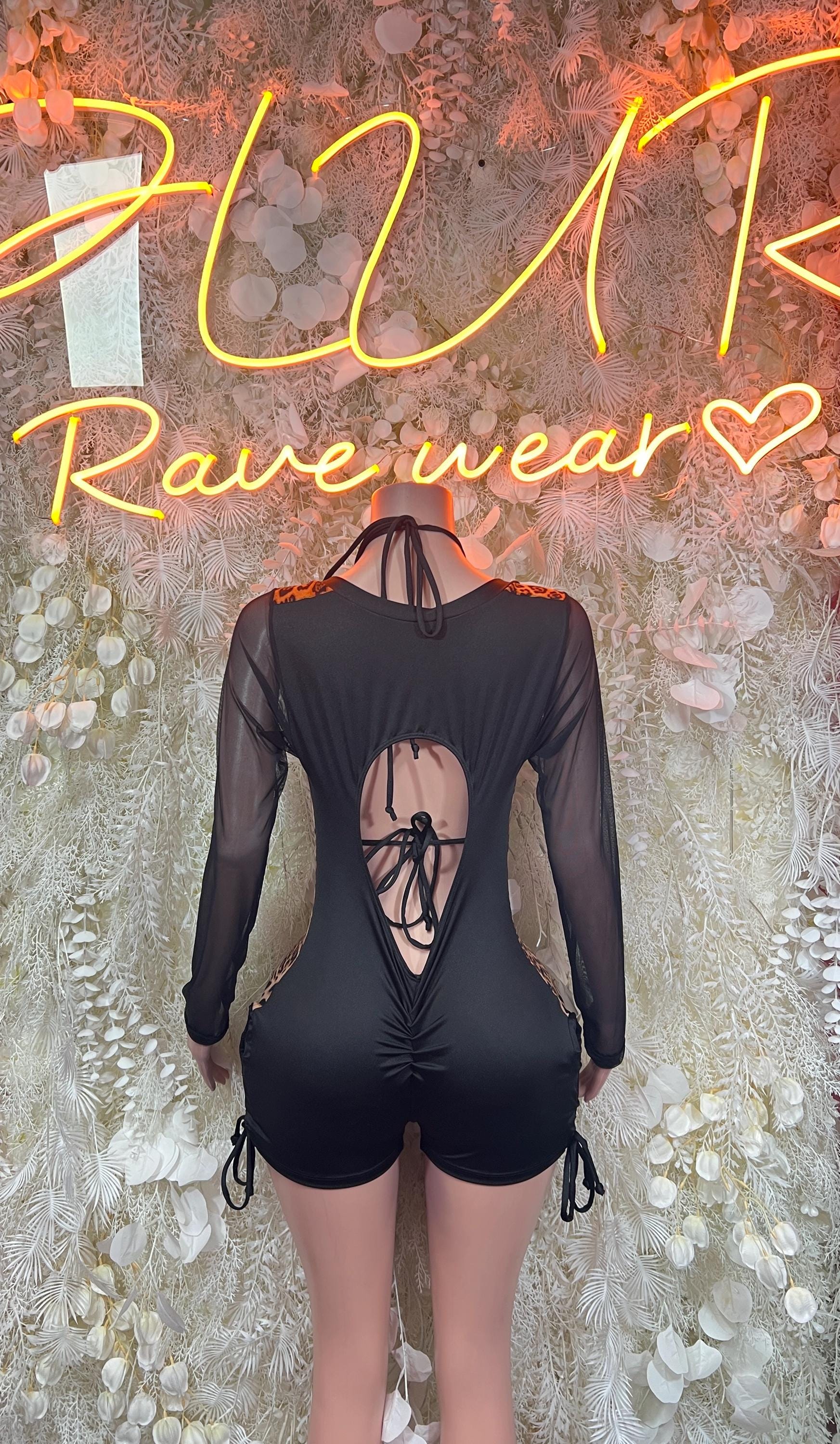 Leopard print bodysuit romper with lace-up back cutout and sheer sleeves