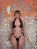 Black lace halter two-piece set with lace triangle bra and tied string thong briefs