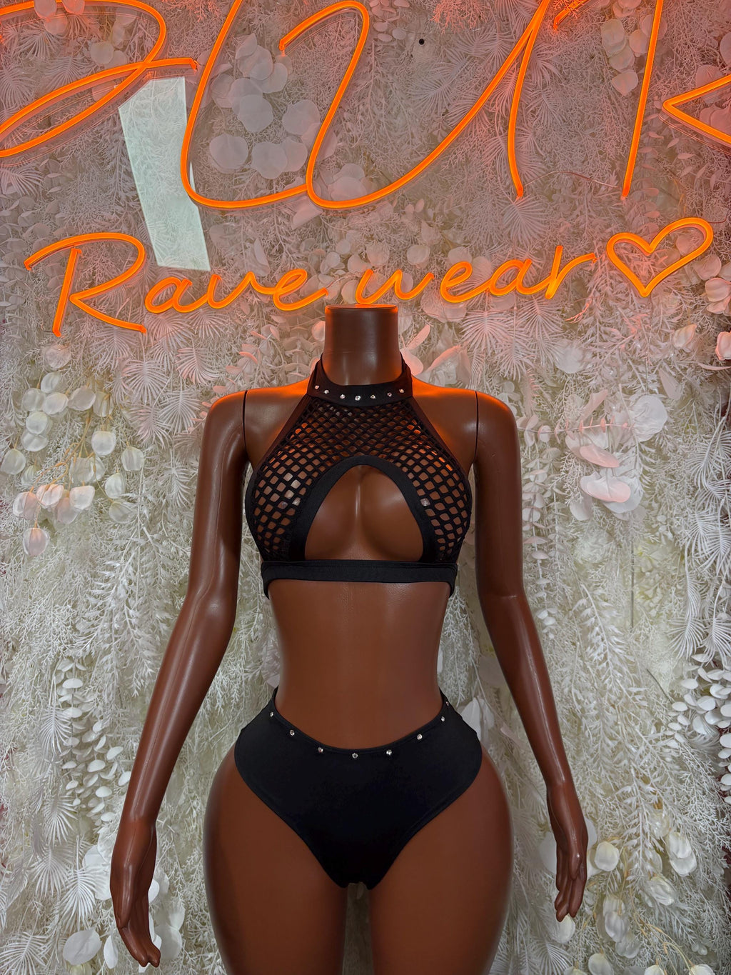 Black two-piece rave set: mesh cutout halter bra and high-cut black bottoms