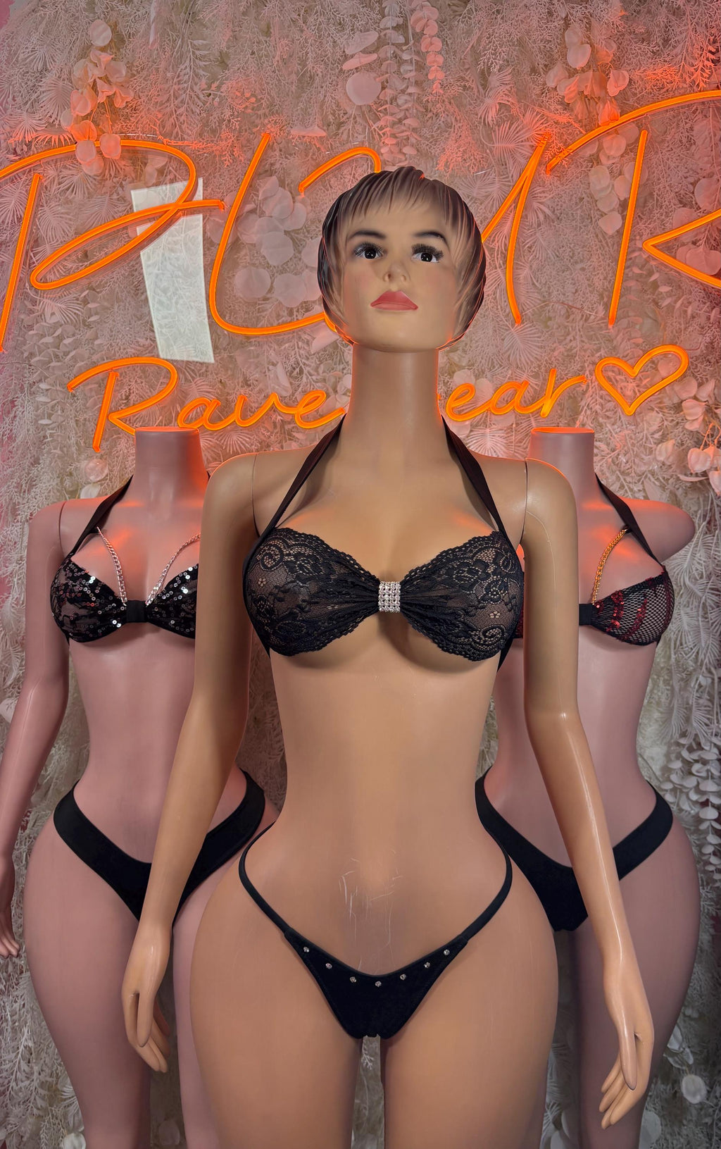 Black lace two-piece lingerie set with underwire balconette bra and high-cut bottoms