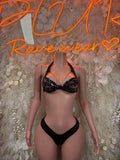 Black sequined lace bra and thong two-piece set with lace trim, front view