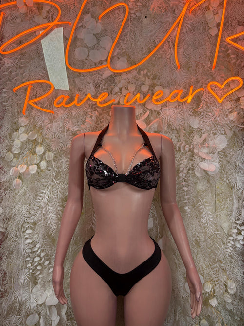 Black sequined lace bra and thong two-piece set with lace trim, front view