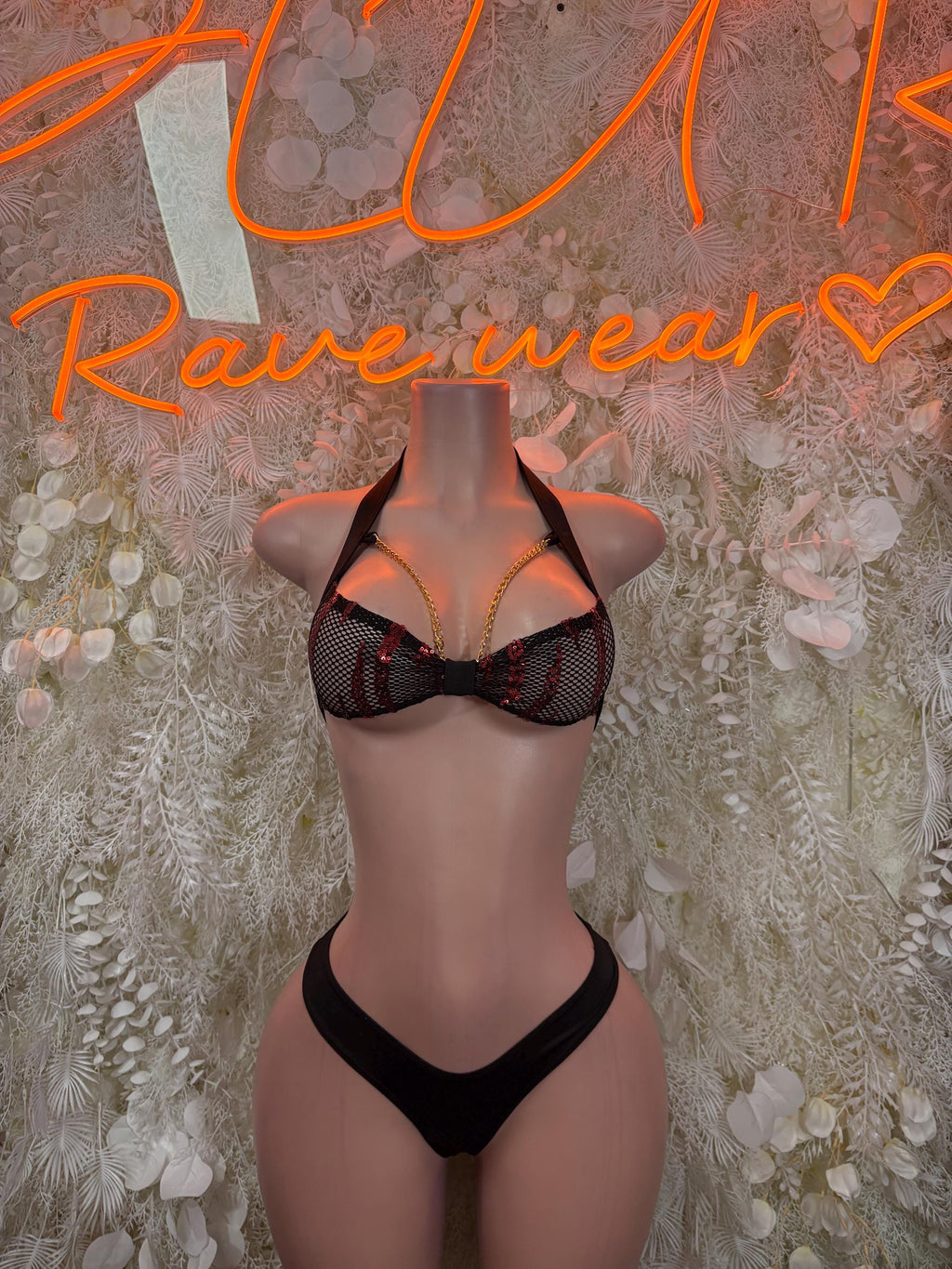 Black lace underwire bra with black thong, two-piece rave set