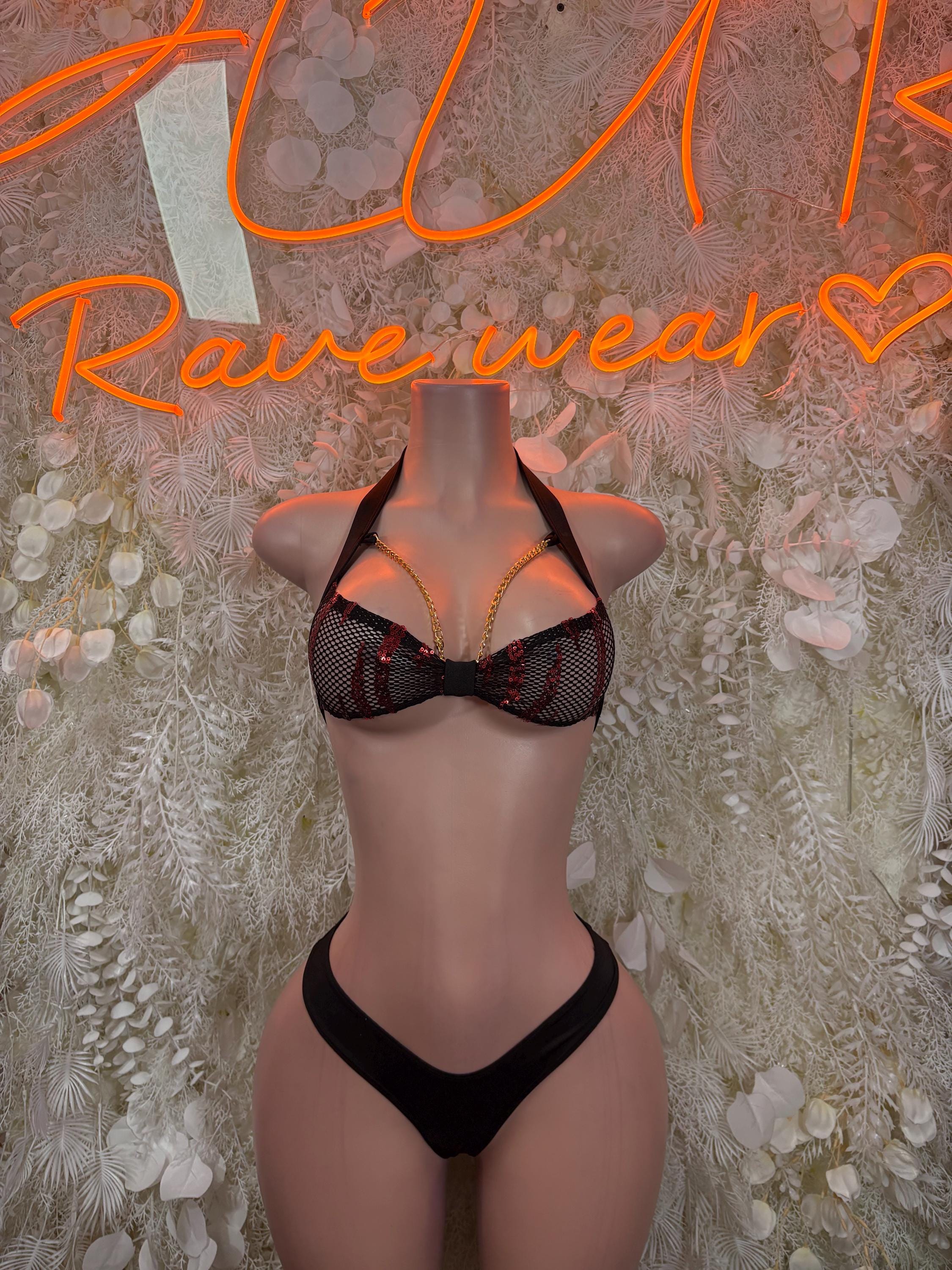 Black lace underwire bra with black thong, two-piece rave set