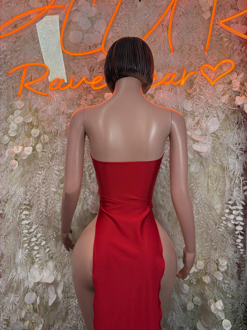 Red strapless dance bodysuit, open back with draped seams and waist cutout