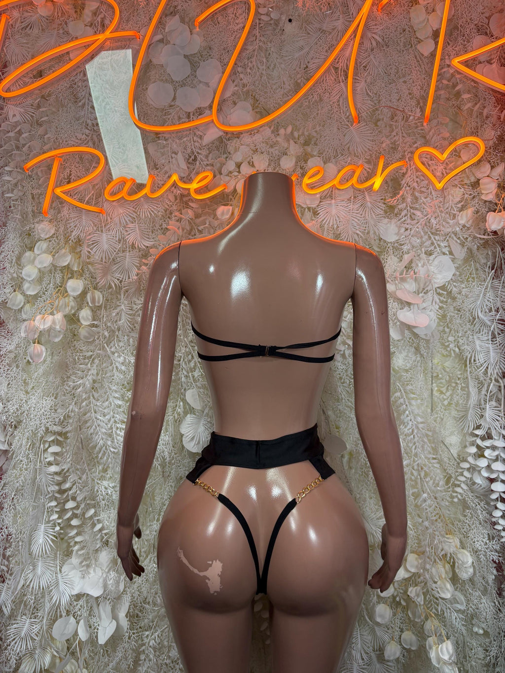 Black fishnet two-piece set back view: strappy halter top and high-rise thong briefs