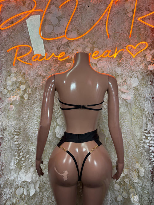 Black fishnet backless bra top and high-cut thong set with rhinestone details