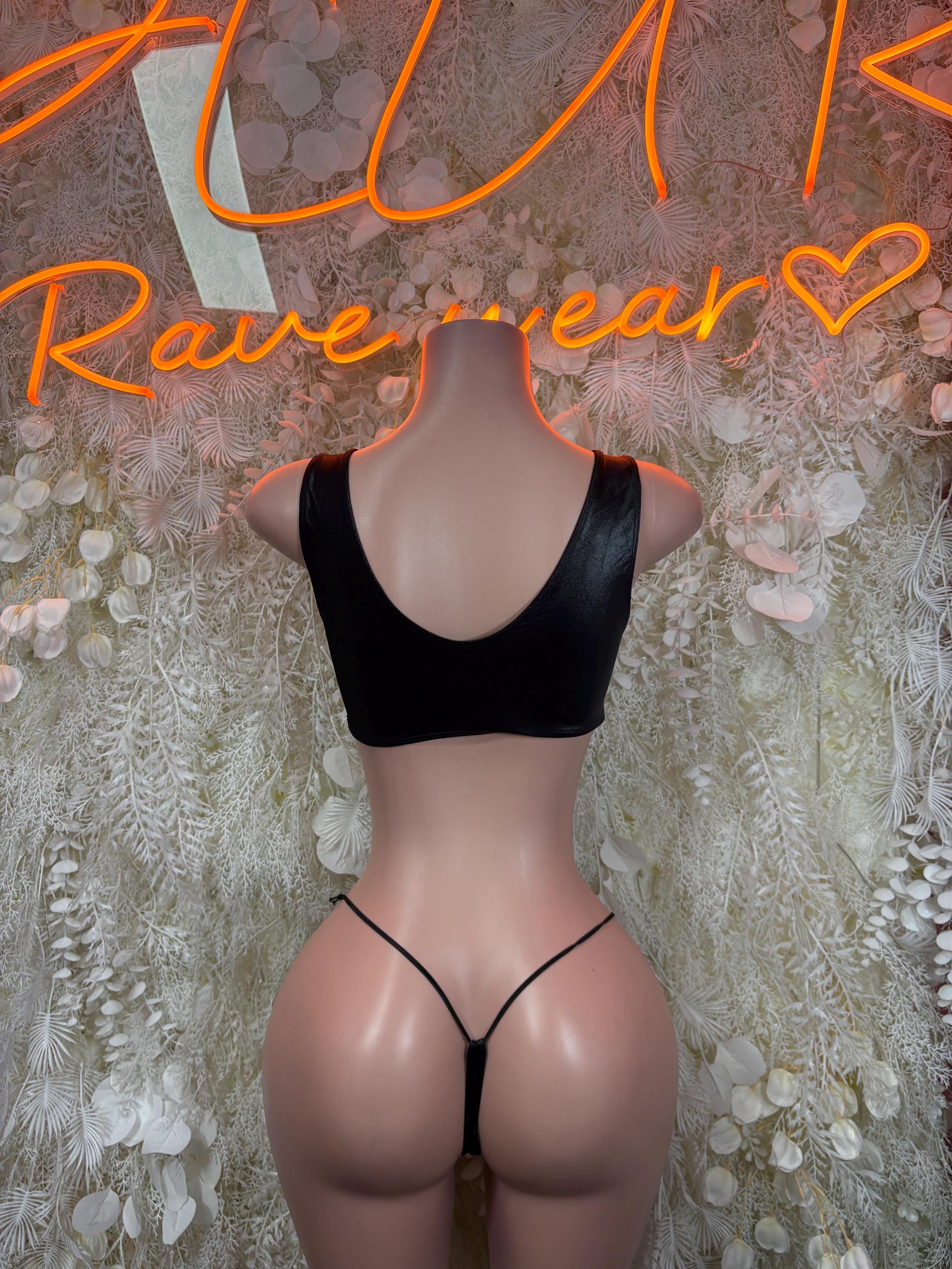 Black racerback bralette and thong two-piece set, open back