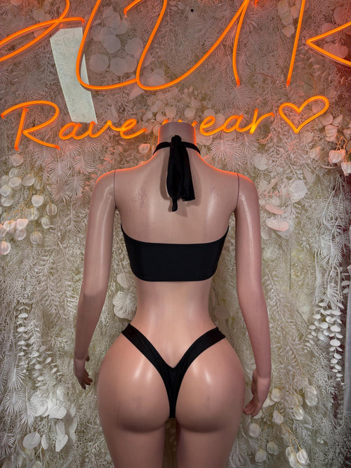 Black rave two-piece set, backless halter top with tie and matching high-cut bottoms