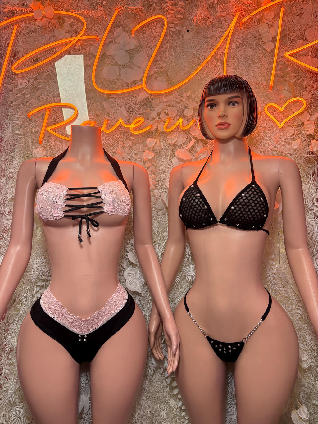 Fishnet bikini two piece set, front views of black and light versions