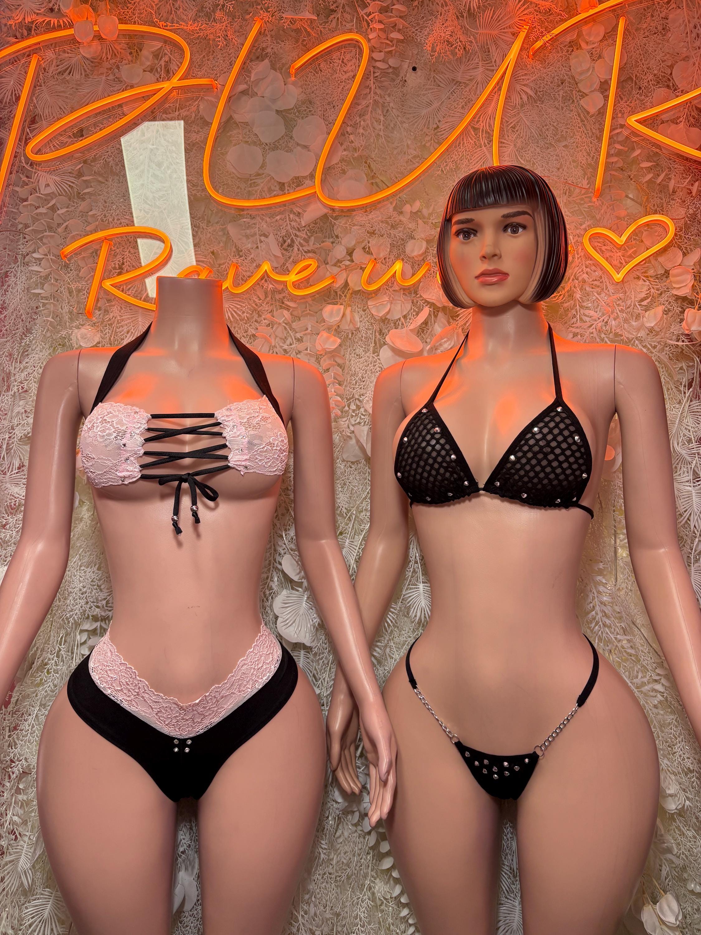 Fishnet bikini two piece set, front views of black and light versions