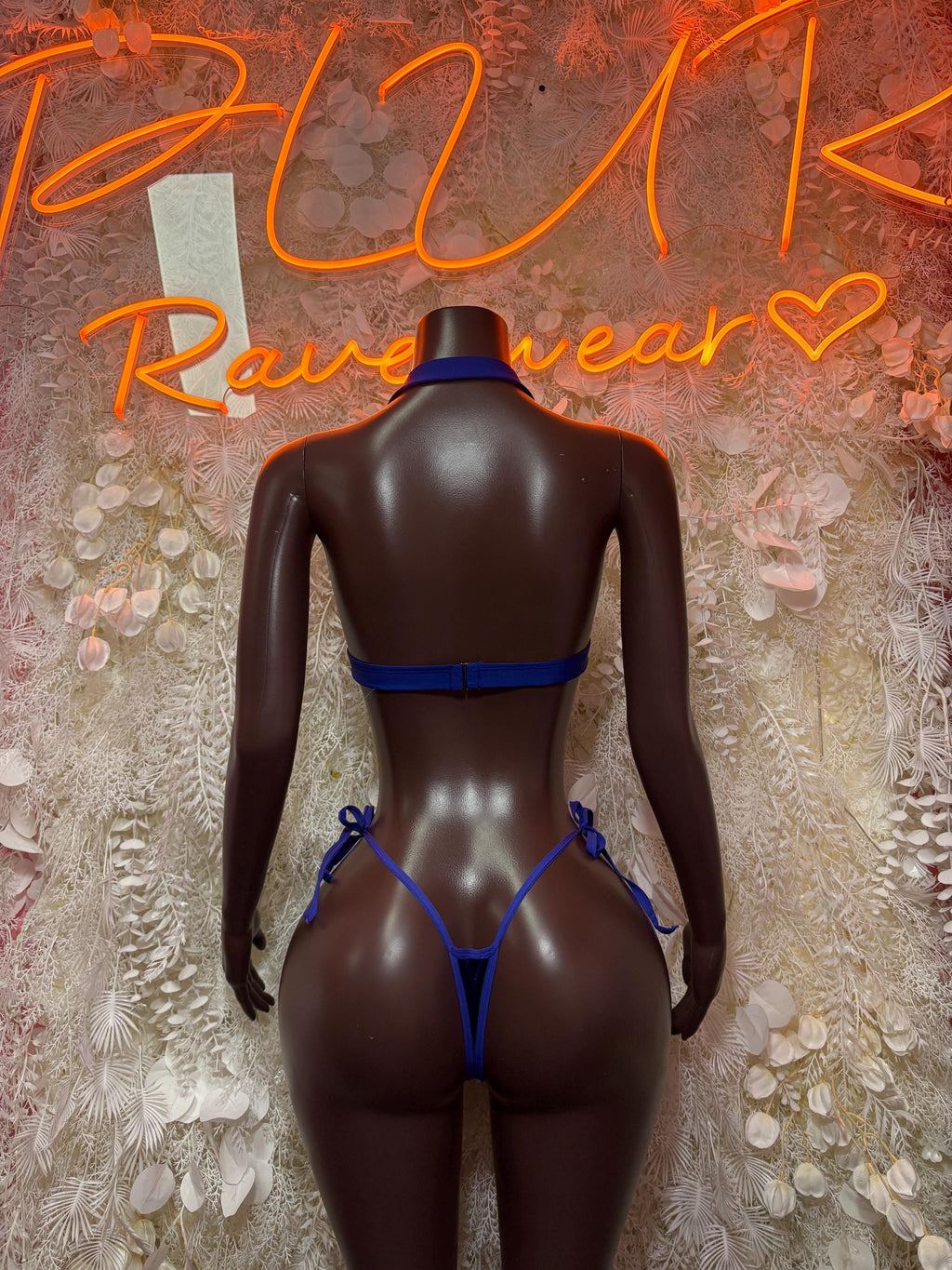 Royal blue velvet two-piece set with strappy crisscross back and matching bottoms