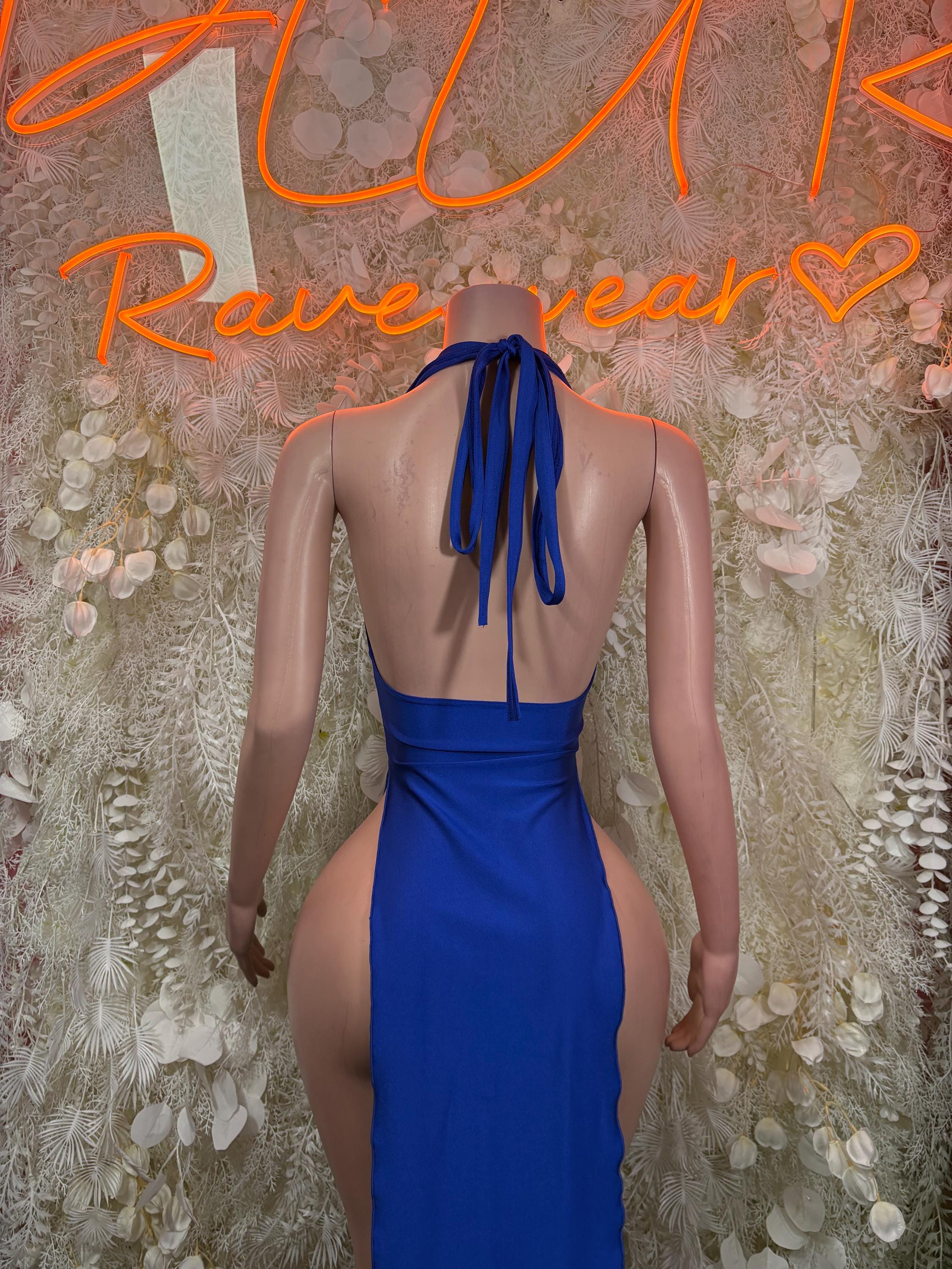 Royal blue halter backless gown with open back and draped tie straps
