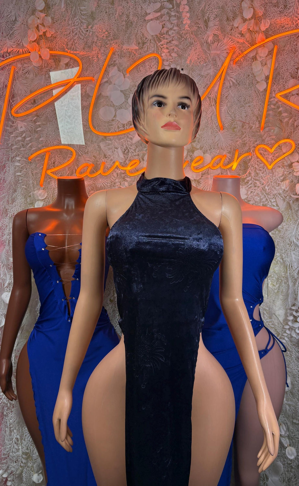 Navy satin halter evening gown, sleeveless high neck with fitted silhouette