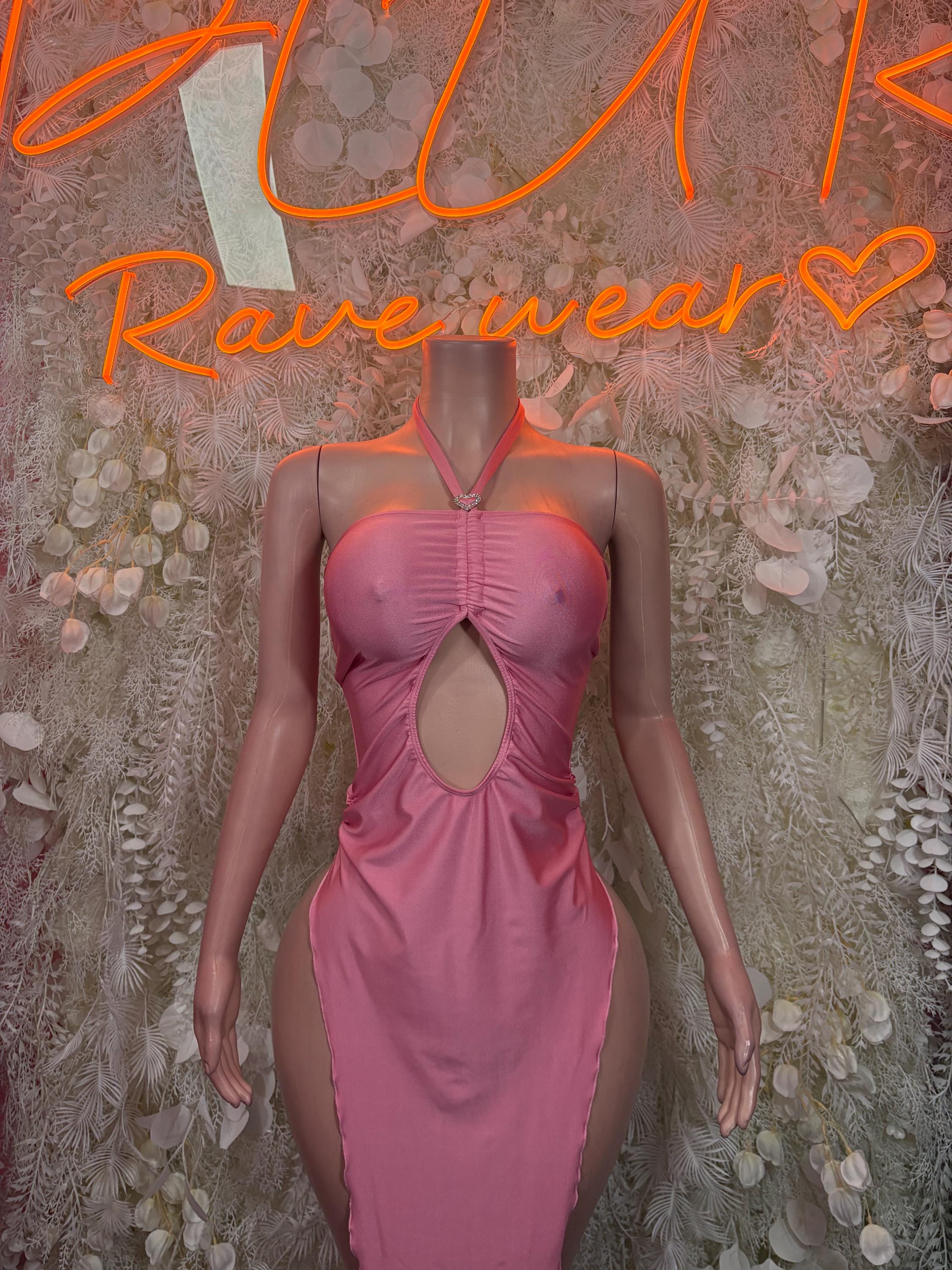 Pink halter cutout gown with ruched bodice and keyhole front