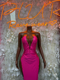 Magenta fitted evening gown with deep V neckline and ruched sleeveless bodice