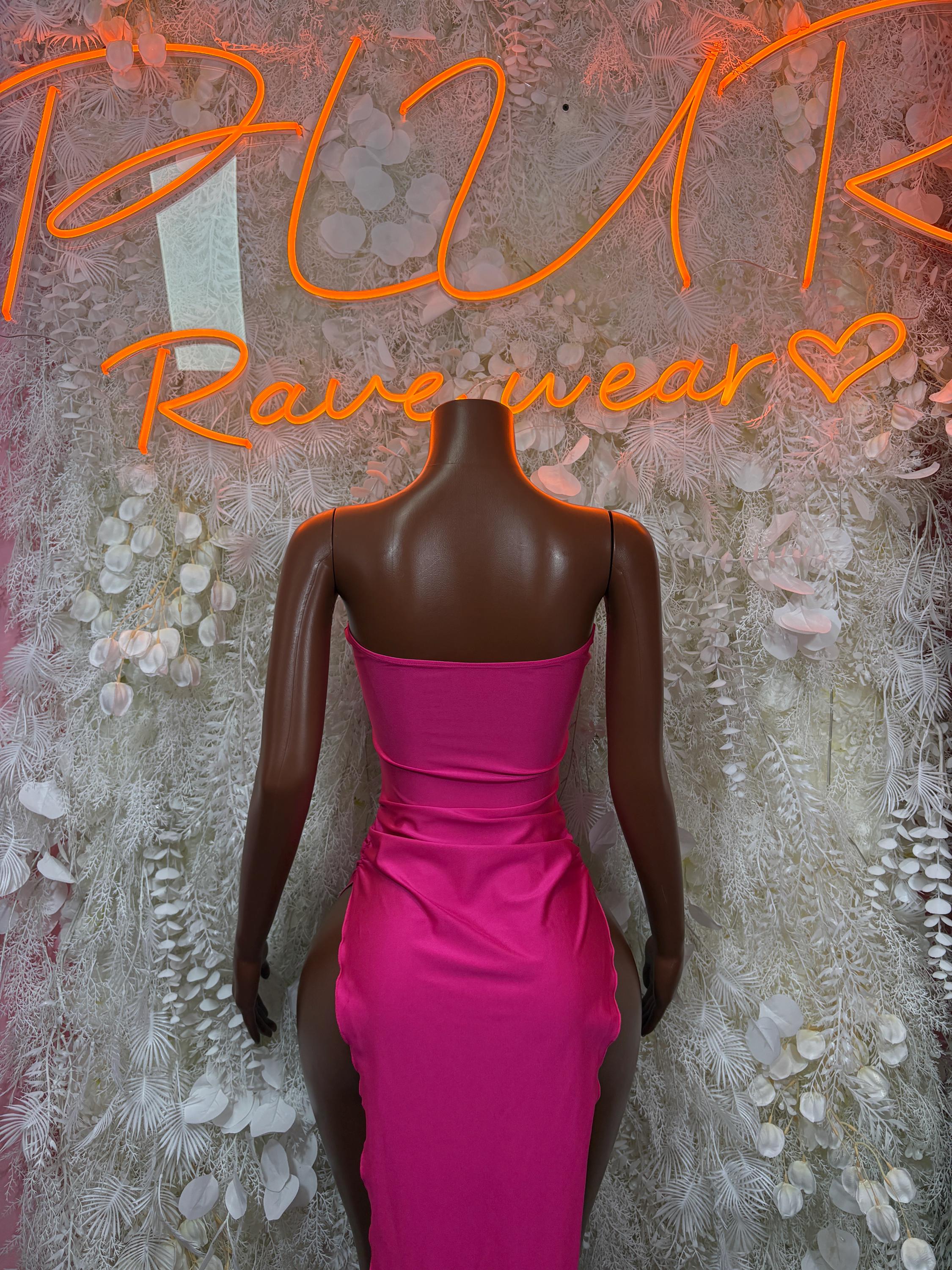 Magenta fitted gown with strapless square back and ruched seams