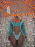 Teal velvet long-sleeve bodysuit with high-cut thong back