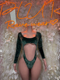 Forest green velvet bodysuit with long sleeves, scoop neck, high-cut legs