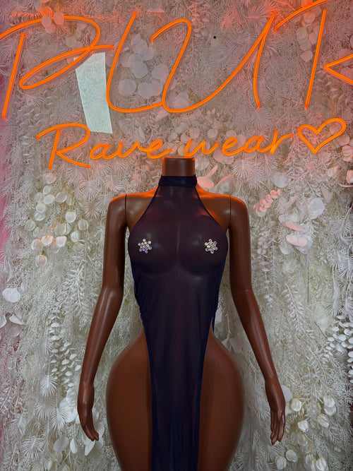 Dark halter gown with jeweled chest accents and high-cut thigh silhouette