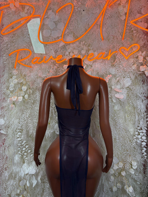 Dark open-back halter gown with back tie and high-cut leg