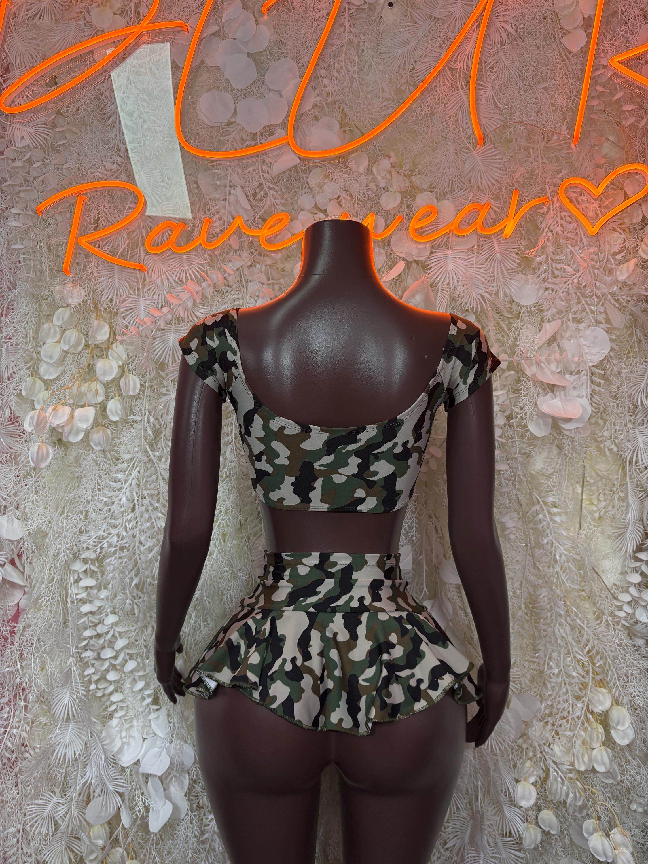 Camo print peplum crop top and mini skirt set with flutter sleeves on mannequin