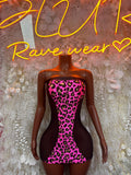 Pink leopard print one-piece mini dress with corset silhouette