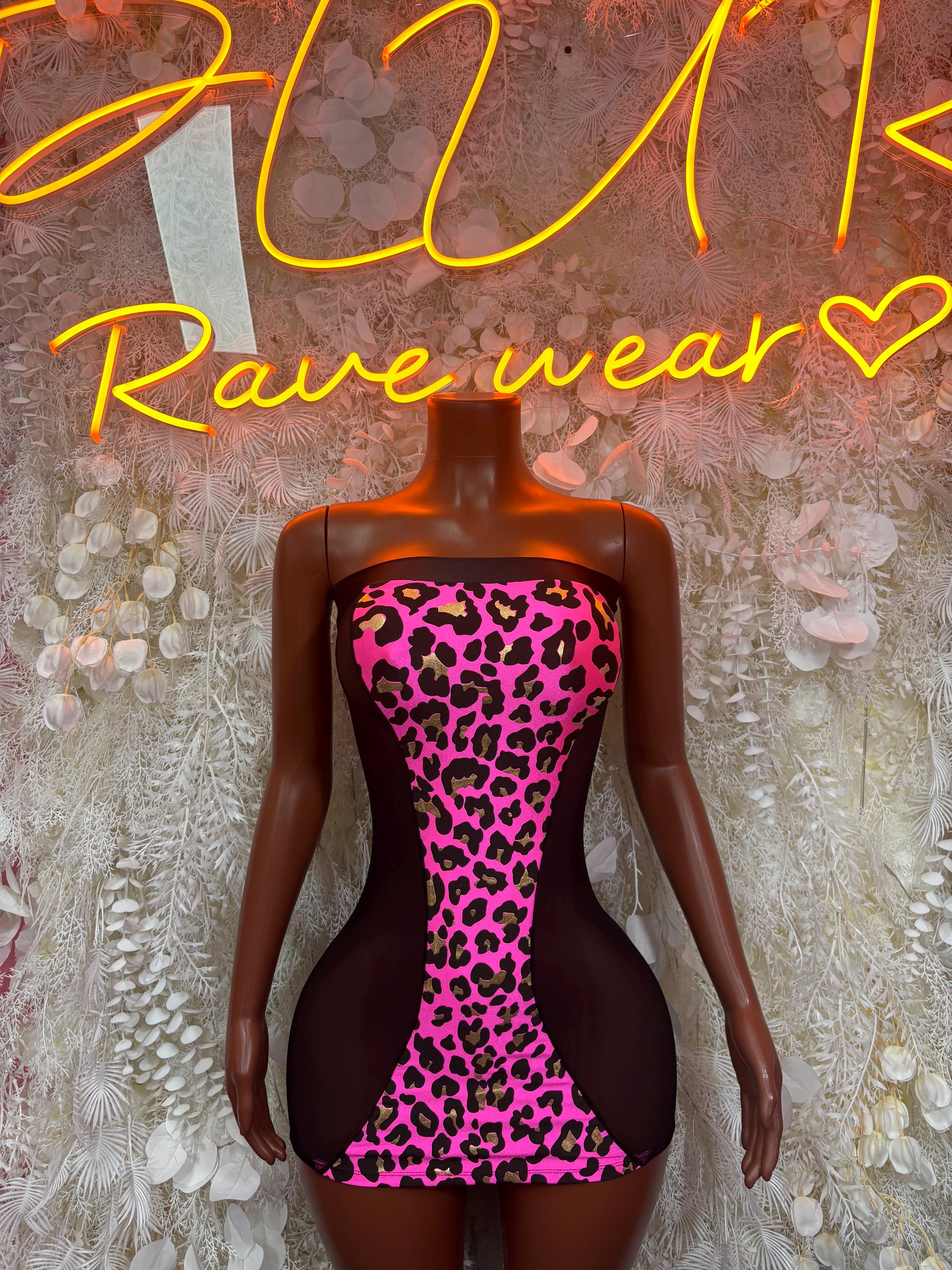 Pink leopard print one-piece mini dress with corset silhouette