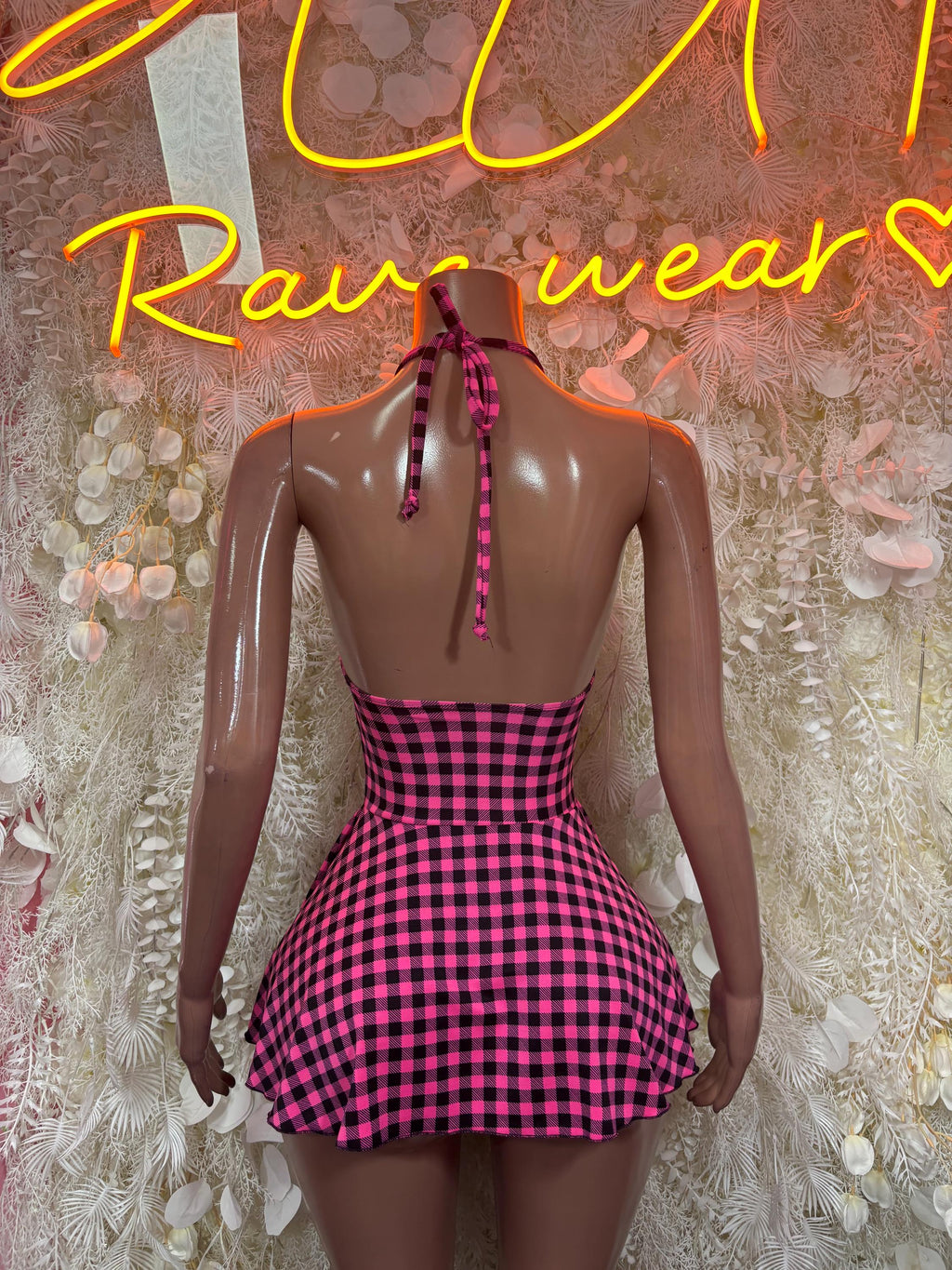 Pink gingham halter mini dress, open back with crisscross tied straps and skater skirt