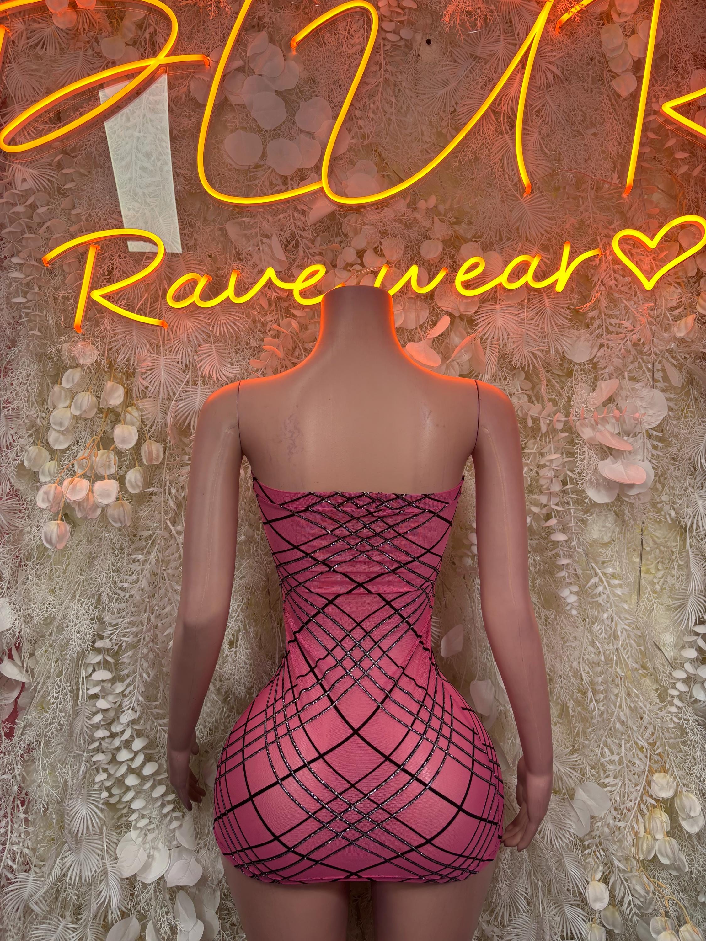 Pink mini dress with black grid print, crisscross back cutout, fitted