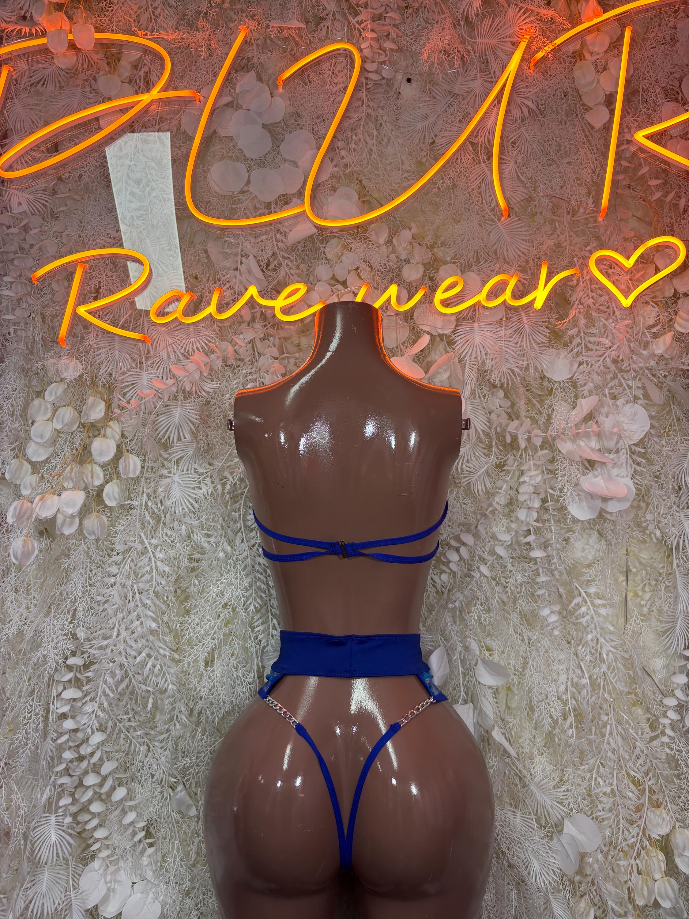 Blue two-piece rave bikini with cross-back straps and high-cut bottoms