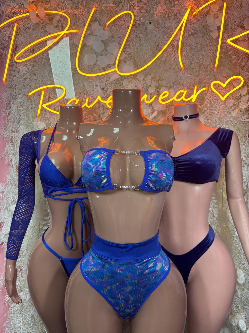 Blue two-piece rave bikini set on models, underwire bra and high-cut bottoms