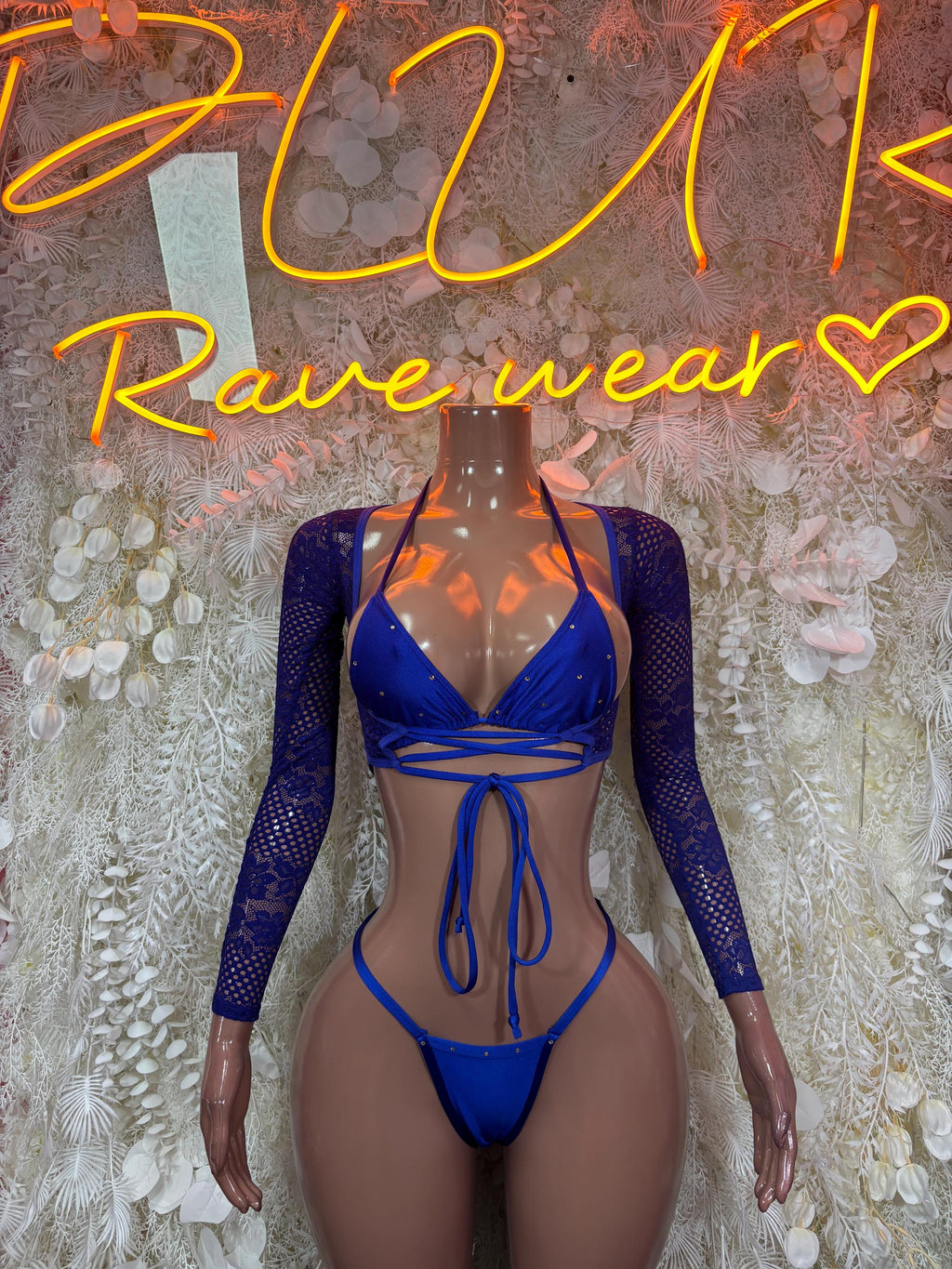 Blue mesh long-sleeve crop top with string bikini set, bow ties at chest and waist
