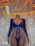 Blue mesh long-sleeve crop top with string bikini set, bow ties at chest and waist