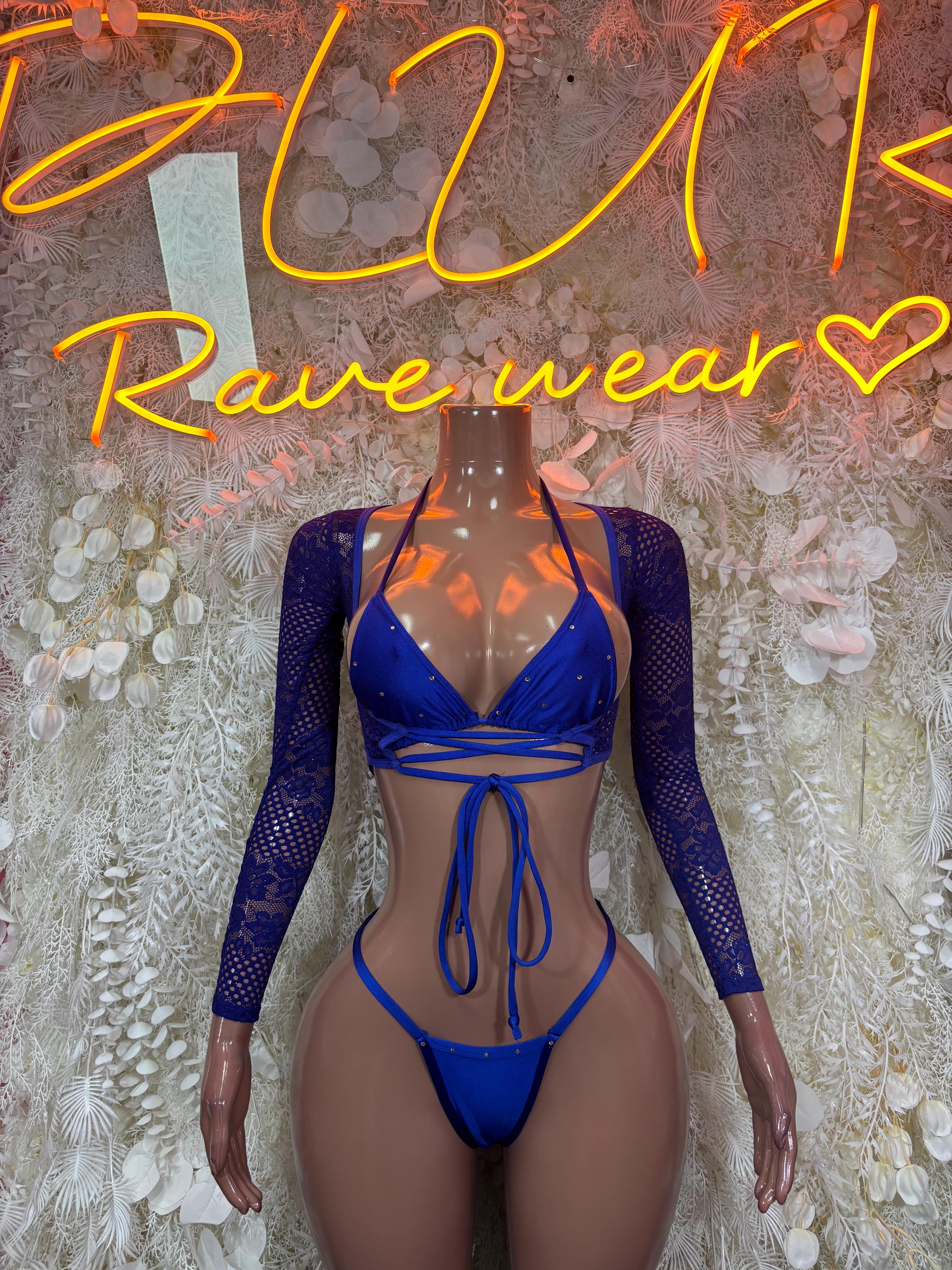 Blue mesh long-sleeve crop top with string bikini set, bow ties at chest and waist
